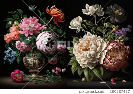Flower Still Life Bouquet in Vintage Vase, Ancient Dutch Masters Imitation, Abstract Generative AI Illustration 100287427
