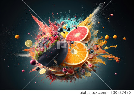 Fruit Taste Explosion, Scattering Flying Different Fruits, Abstract Generative AI Illustration Fruit Taste Explosion, Scattering Flying Different Fruits, Abstract Generative AI Illustration 100287450