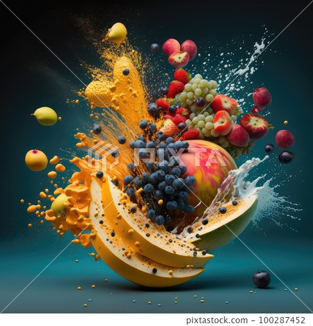 Fruit Taste Explosion, Scattering Flying Different Fruits, Abstract Generative AI Illustration Fruit Taste Explosion, Scattering Flying Different Fruits, Abstract Generative AI Illustration 100287452
