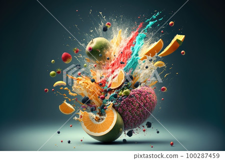 Fruit Taste Explosion, Scattering Flying Different Fruits, Abstract Generative AI Illustration 100287459