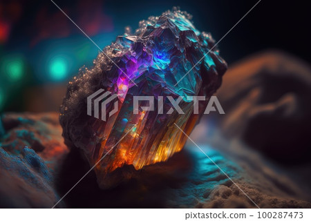 Rainbow Crystal, Titanium Color Stone, Cyber Crystal on Black Background Generative Ai Illustration 100287473