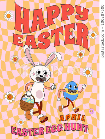 Groovy Happy Easter Poster Vintage. Funny bunny with egg, Easter egg hunt 100287500