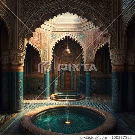 Arab Palace, Harem, Grand Hamam, Hotel, Luxurious Oriental Interiors, Abstract Generative AI Illustration 100287533