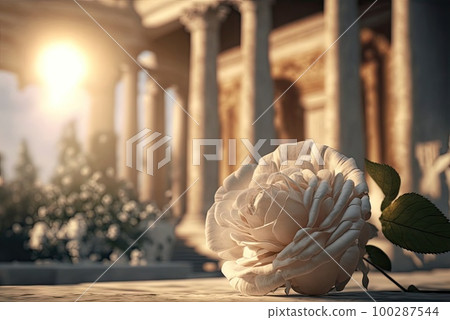White Flowers, Greece Morning, Romantic Journey Concept, Abstract Generative AI Illustration 100287544