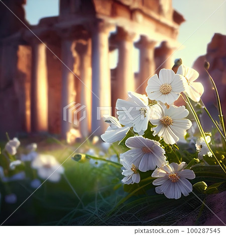 White Flowers, Greece Morning, Romantic Journey Concept, Abstract Generative AI Illustration 100287545