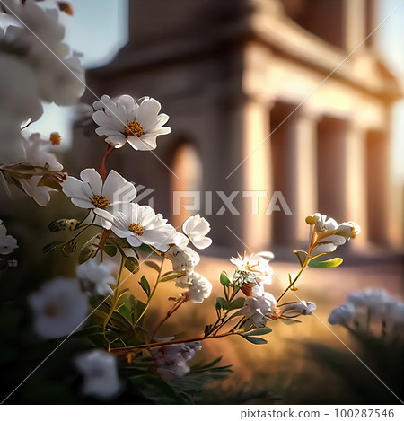 White Flowers, Greece Morning, Romantic Journey Concept, Abstract Generative AI Illustration 100287546