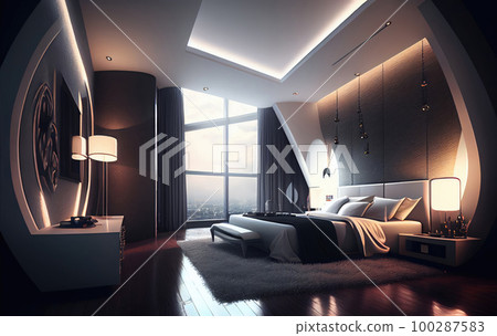 Luxurious Hotel Room, Modern Bedroom Interior with a Large Window, Generative AI Illustration Luxurious Hotel Room, Modern Bedroom Interior with a Large Window, Generative AI Illustration 100287583