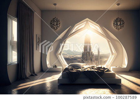 Luxurious Hotel Room, Modern Bedroom Interior with a Large Window, Generative AI Illustration Luxurious Hotel Room, Modern Bedroom Interior with a Large Window, Generative AI Illustration 100287589