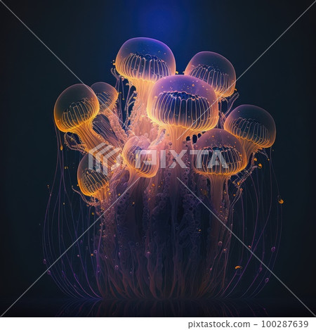 Fantasy Glowing Jellyfish, Underwater Creature, Abstract Jelly Fish, Generative AI Illustration 100287639