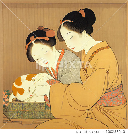 Traditional Japanese Women in Kimono with Cat, Geisha Stroking Cat, Generative AI Illustration 100287640