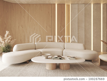 Modern villa living room design interior with dry plants, beige furniture, table and sofa. Bright walls panels with lighting. 3d rendering. High quality 3d illustration 100287669