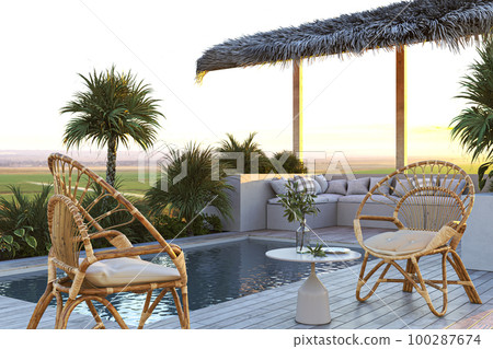 Design pool villa resort with landscape view. Decoration wicker armchairs with table and african patio. 3d rendering. High quality 3d illustration 100287674