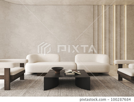 White living room interior with sofa and armchairs, coffee table with books and decoration. Carpet on hardwood floor. Mockup copy space wall. 3d rendering. High quality 3d illustration White living room interior with sofa and armchairs, coffee table with books and decoration. Carpet on hardwood floor. Mockup copy space wall. 3d rendering. High quality 3d illustration 100287684