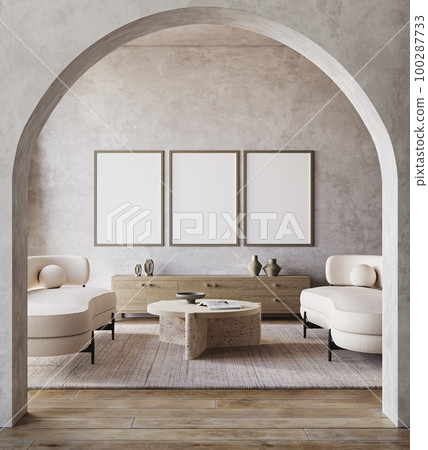 Interior of modern living room with wooden dresser, white sofa and coffee table. Gray mockup wall with arch. 3d rendering. High quality 3d illustration 100287733