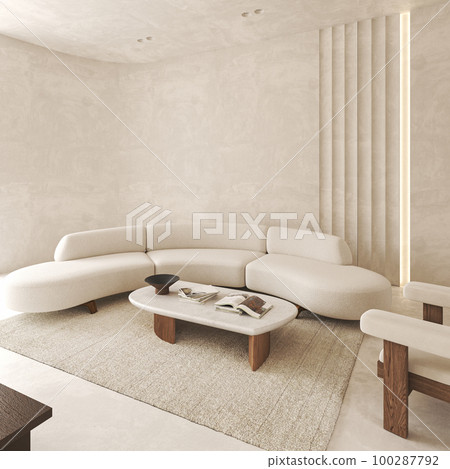 Contemporary classic light beige interior with furniture and decor. Decoration panels with illumination. Mock up stucco wall. 3d rendering. High quality 3d illustration 100287792