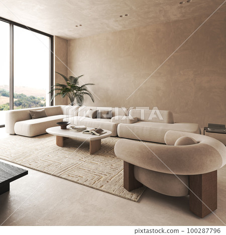 Modern interior composition with modular sofa, large carpet and decor palm tree. Big window with landscape view. Decoration wooden panels. 3d rendering. High quality 3d illustration 100287796