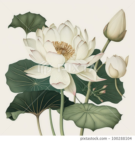 White Lotus Flowers Isolated, Water Lily, Tropical Lake Plant Drawing Imitation, Abstract Generative AI Illustration White Lotus Flowers Isolated, Water Lily, Tropical Lake Plant Drawing Imitation, Abstract Generative AI Illustration 100288104