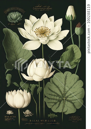 White Lotus Flowers, Water Lily, Tropical Lake Plant Drawing Imitation, Abstract Generative AI Illustration White Lotus Flowers, Water Lily, Tropical Lake Plant Drawing Imitation, Abstract Generative AI Illustration 100288119