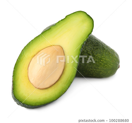 Tasty ripe avocados on white background. Tropical fruit 100288680