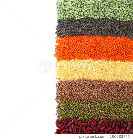 Different grains and cereals on white background, top view Different grains and cereals on white background, top view 100288745