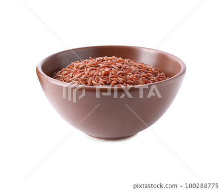 Uncooked brown rice in bowl isolated on white Uncooked brown rice in bowl isolated on white 100288775