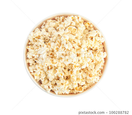 Bucket of tasty pop corn isolated on white, top view Bucket of tasty pop corn isolated on white, top view 100288782