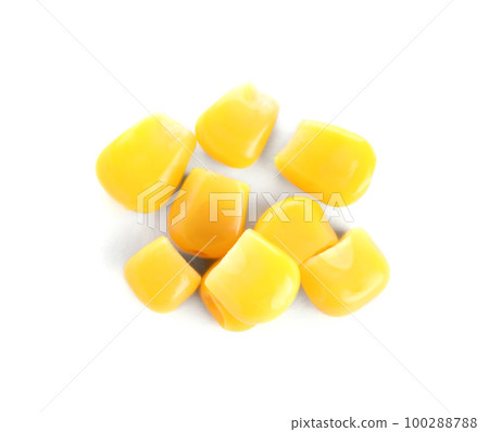 Delicious canned sweet corn isolated on white, top view 100288788
