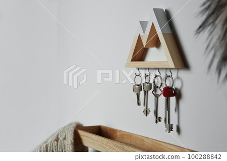 Wooden key holder on light wall indoors. Space for text 100288842