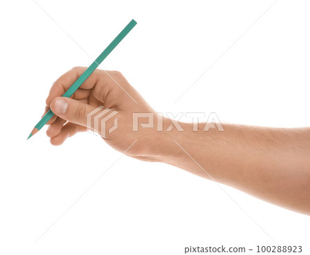 Man holding pencil on white background, closeup of hand 100288923