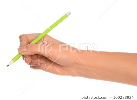 Woman holding ordinary pencil on white background, closeup 100288924