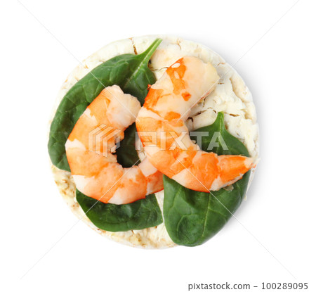 Puffed rice cake with shrimps and basil isolated on white, top view 100289095