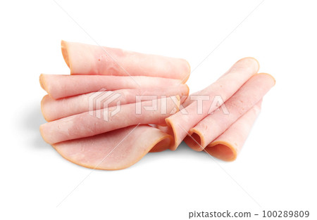 Slices of tasty fresh ham isolated on white 100289809
