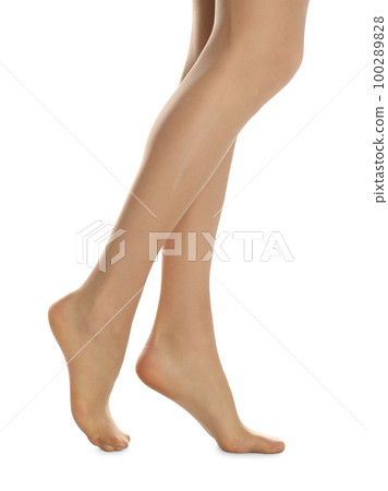 Woman wearing torn tights on white background, closeup 100289828