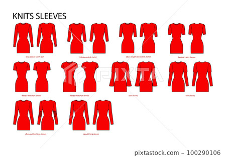 Set of Knit sleeves clothes baseball, fitted, long, over, epaulet, short length technical fashion illustration, fitted Set of Knit sleeves clothes baseball, fitted, long, over, epaulet, short length technical fashion illustration, fitted 100290106