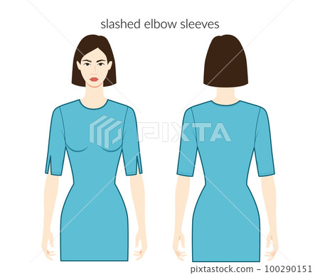 Slashed sleeves clothes character beautiful lady in purple top, shirt, dress technical fashion illustration with elbow Slashed sleeves clothes character beautiful lady in purple top, shirt, dress technical fashion illustration with elbow 100290151