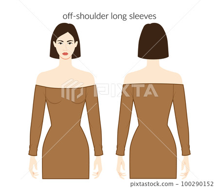 Off-shoulder sleeves long length clothes character beautiful lady in brown top, shirt, dress technical illustration 100290152
