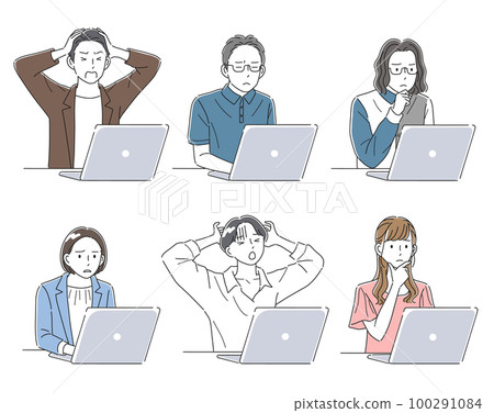 一位商務人士帶著困擾的表情看著筆記本電腦的插圖素材 100291084