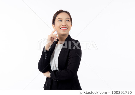 Portrait beautiful businesswoman in suit with arms crossed standing isolated. Portrait beautiful businesswoman in suit with arms crossed standing isolated. 100291750