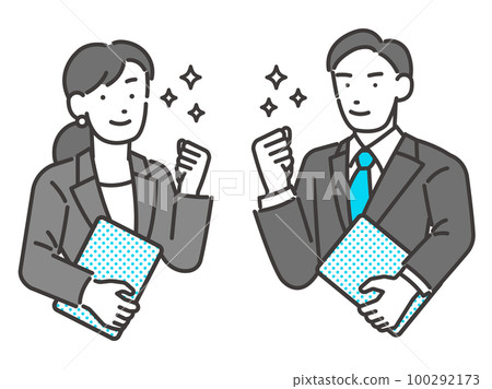 Vector illustration material of male and female business people doing a guts pose / entrust / smile 100292173