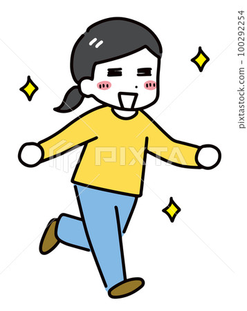 A young woman in casual clothes running with a smile on her face (full body). A young woman in casual clothes running with a smile on her face (full body). 100292254