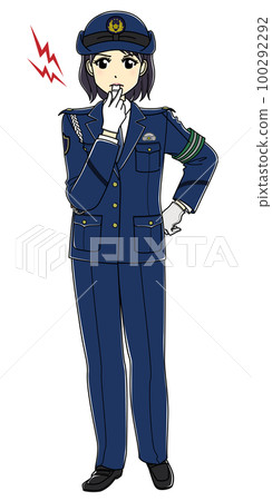 Female police officer blowing a horn (whole body, slacks) 100292292