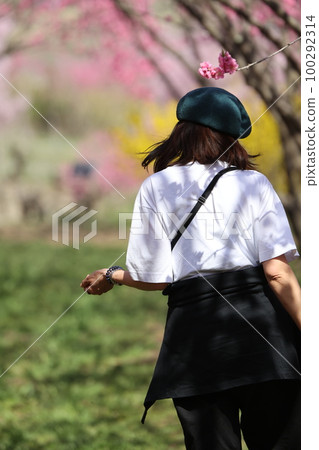 春天的中之條庭園 走在花桃山上的女人 100292314