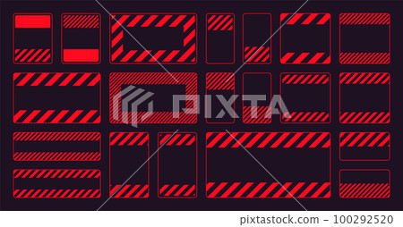 Various blank red warning signs with diagonal lines. Attention, danger or caution sign, construction site signage. Realistic notice signboard, warning banner, road shield. Vector illustration Various blank red warning signs with diagonal lines. Attention, danger or caution sign, construction site signage. Realistic notice signboard, warning banner, road shield. Vector illustration 100292520