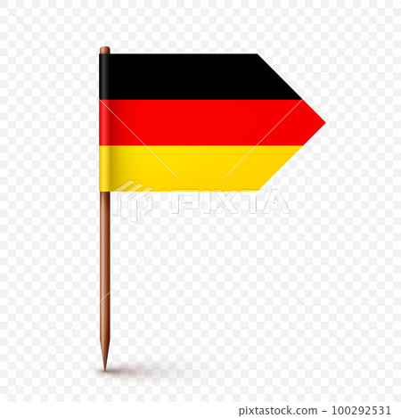 Realistic German toothpick flag. Souvenir from Germany. Wooden toothpick with paper flag. Location mark, map pointer. Blank mockup for advertising and promotions. Vector illustration 100292531