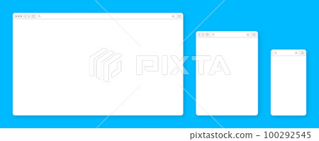 Blank web browser window with toolbar and search field. Modern website, internet page in flat style. Browser mockup for computer, tablet and smartphone. Adaptive user interface. Vector illustration 100292545