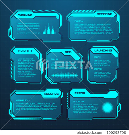 Blue futuristic HUD or UI elements. Sci-fi user interface text boxes, callouts. Warning message frames, information boxes template. Modern game interface layout in digital style. Vector illustration Blue futuristic HUD or UI elements. Sci-fi user interface text boxes, callouts. Warning message frames, information boxes template. Modern game interface layout in digital style. Vector illustration 100292708