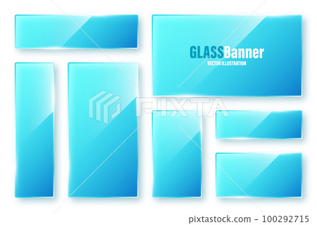 Realistic isolated glass frames collection. Blue transparent glass banners with flares and highlights. Glossy acrylic plate, element with light reflection and place for text. Vector illustration 100292715