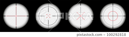 Weapon sights, sniper rifle optical scope on black background. Hunting gun viewfinder with crosshair. Aim, shooting mark symbol. Military target sign, silhouette. Game UI element. Vector illustration Weapon sights, sniper rifle optical scope on black background. Hunting gun viewfinder with crosshair. Aim, shooting mark symbol. Military target sign, silhouette. Game UI element. Vector illustration 100292818