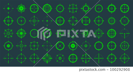 Crosshair, gun sight vector icons. Bullseye, green target or aim symbol. Military rifle scope, shooting mark sign. Targeting, aiming for a shot. Archery, hunting and sports shooting. Game UI element. Crosshair, gun sight vector icons. Bullseye, green target or aim symbol. Military rifle scope, shooting mark sign. Targeting, aiming for a shot. Archery, hunting and sports shooting. Game UI element. 100292908