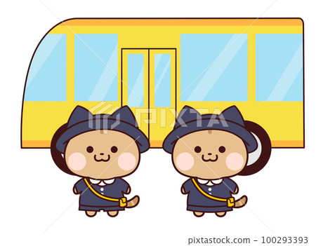 A tiger cat and a kindergarten bus in navy blue children's clothes A tiger cat and a kindergarten bus in navy blue children's clothes 100293393